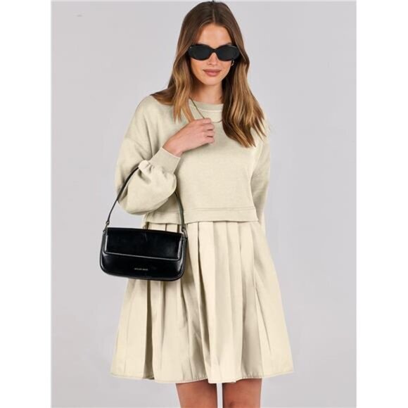 Women Fall Oversized Sweatshirts Hoodie Long Sleeve Crewneck Pleated Dress - Picture 4 of 6